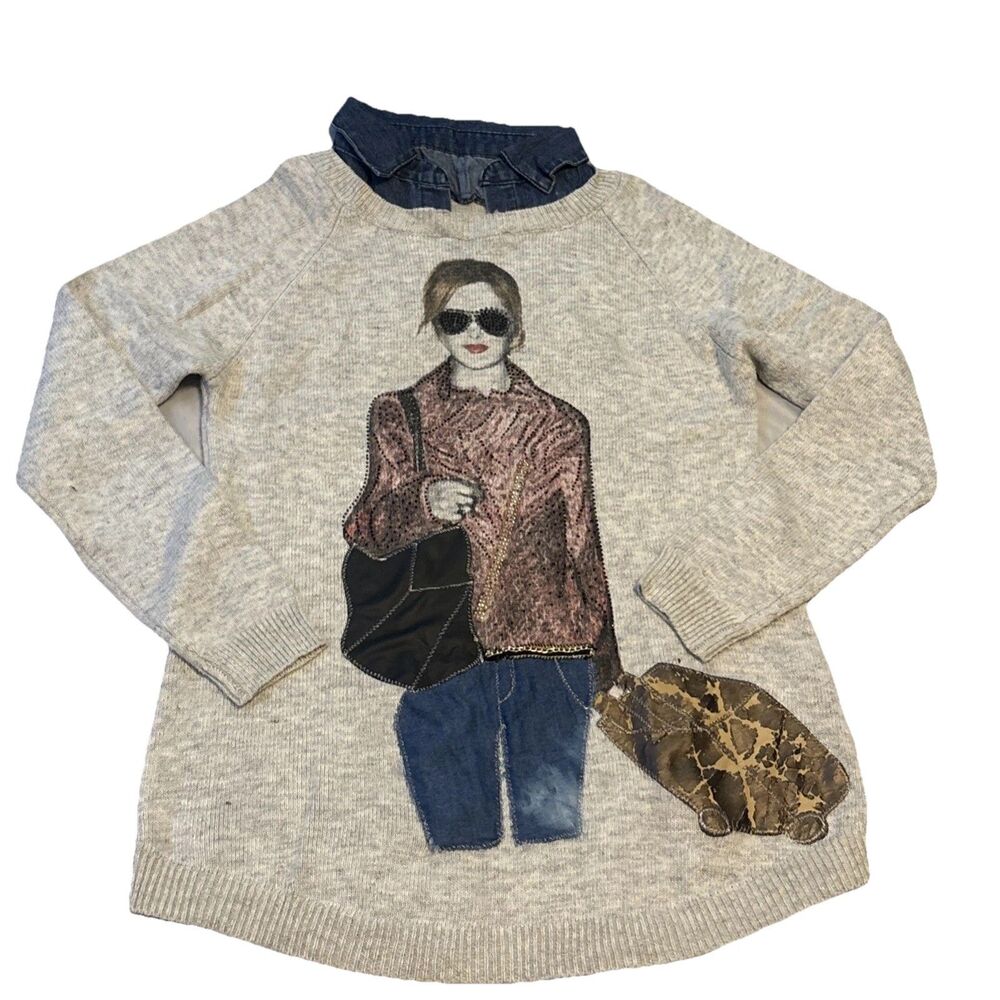 Women’s Chic Lady In Paris Traveling Denim Point Collar Lightweight Sweater Gray - Picture 3 of 13